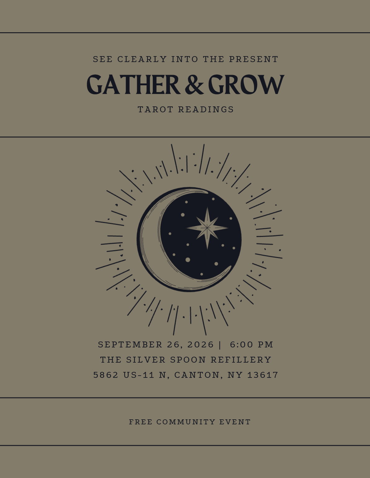 Event flyer for Gather & Grow — Tarot Readings